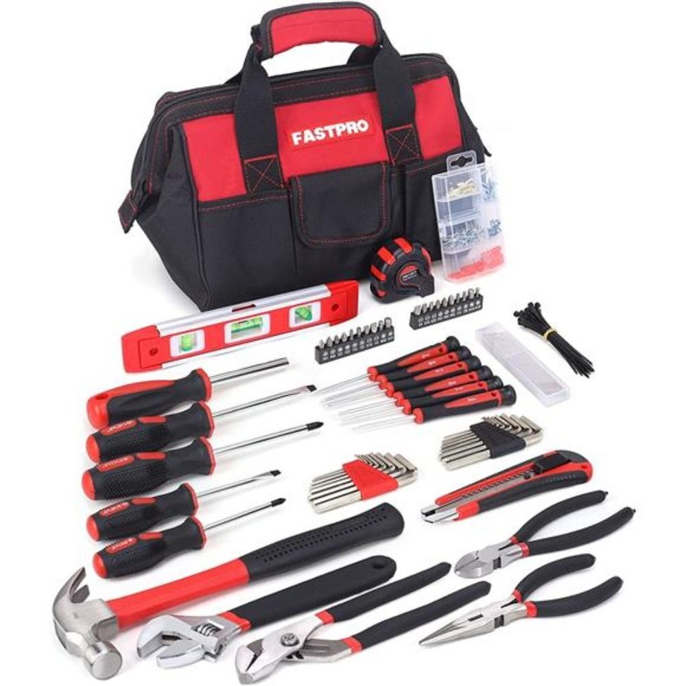 215-Piece Home Repairing Tool Set with 12-Inch Wide Mouth Open Storage Bag, Red
